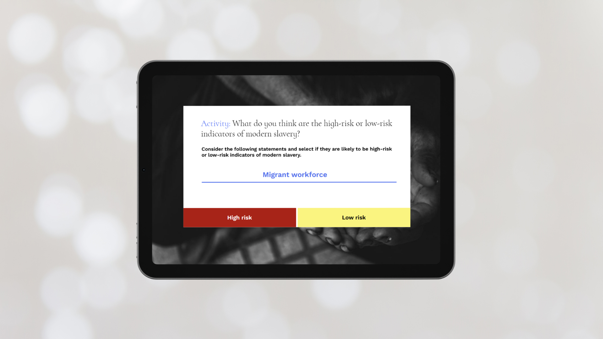 Modern slavery awareness activity, viewed on tablet
