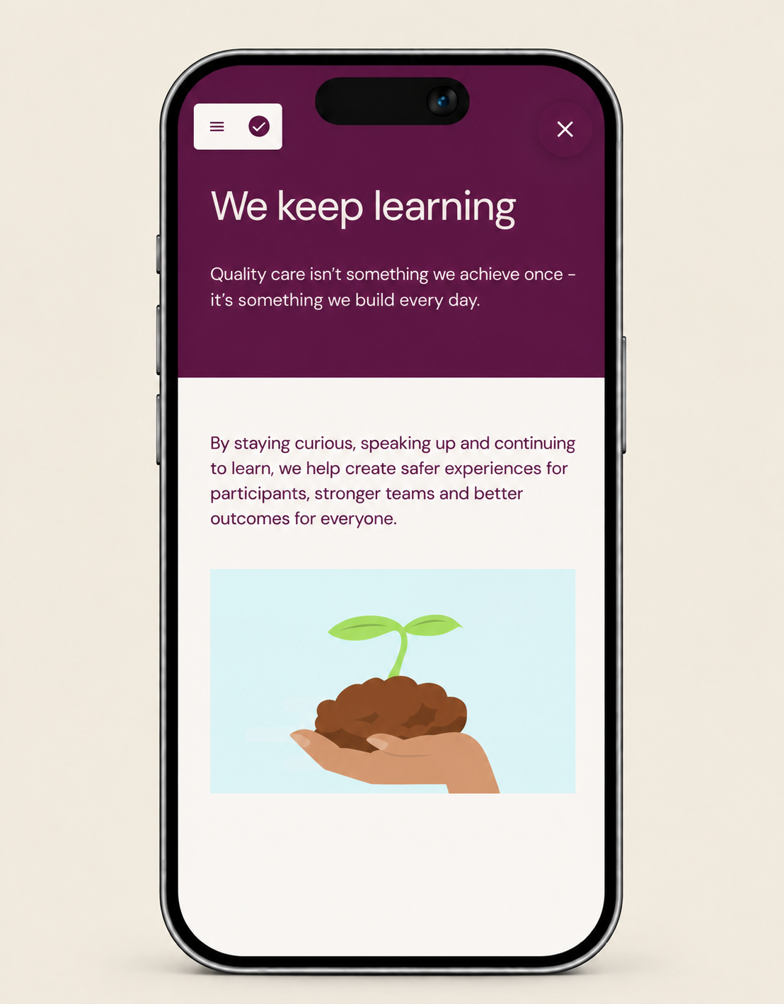 'We keep learning' course closing screen, viewed on mobile